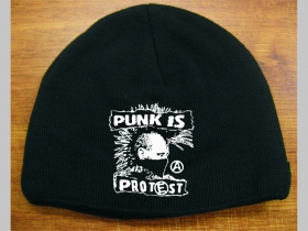 Punk is Protest čierna pletená čiapka s tlačeným logom, stredne hrubá vo vnútri naviac zateplená, univerzálna veľkosť, materiálové zloženie 100% akryl